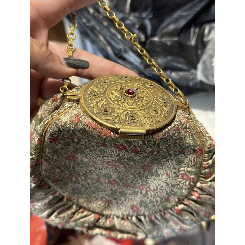 Vintage 1940s Jeweled Compact Purse Brocade Evening Bag Vanity Clutch Mirror